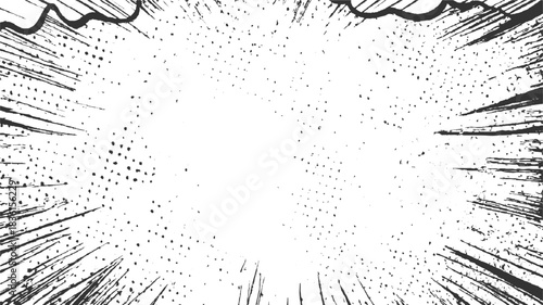 Black and white comic book style explosion burst background with dots and lines abstract blast