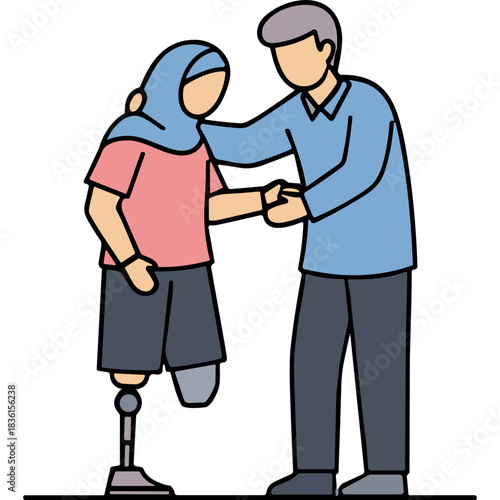 Man Helps Woman With Prosthetic Leg Wearing Pink Shirt and Blue Headscarf Standing Next to Him Supporting Her Back