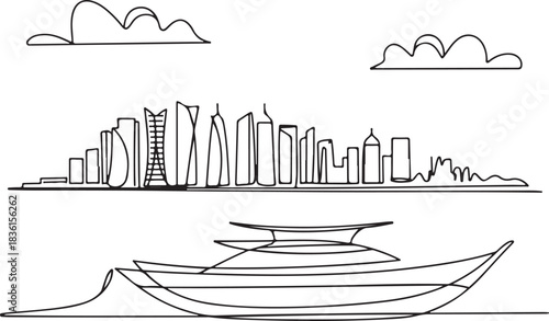 Continuous Line Art of Doha Skyline from Dhow Boat Angle Minimal Outline Illustration