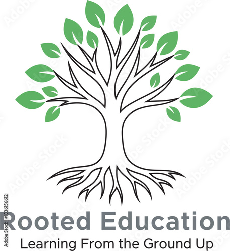 Rooted education logo represents growth with tree and green leaves vector illustration 