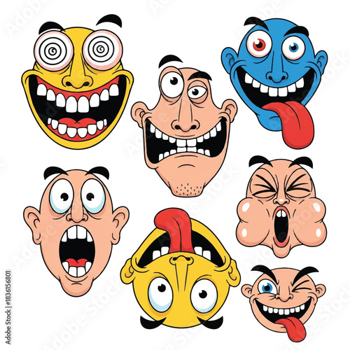 A set of goofy and exaggerated cartoon faces in a flat 2D vector style with bold outlines, isolated against a clean white background, conveying various comical emotions.