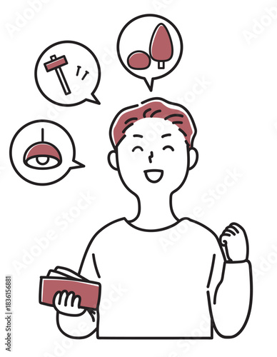 頭金なしで家を建て浮いたお金で設備の計画を立てる男性のバストアップ_単色