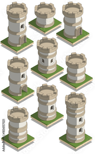 Set of large cylindrical castle towers. Isometric. Isolated on white background. Vector illustration.
