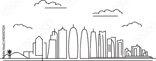 Continuous Line Art of Doha West Bay Skyline Tight Cluster Minimal City Outline Illustration