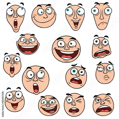 Goofy comic doodle faces featuring simple flat 2D vector shapes and a variety of hilarious, whimsical expressions isolated on a clean white background for a humorous visual concept.