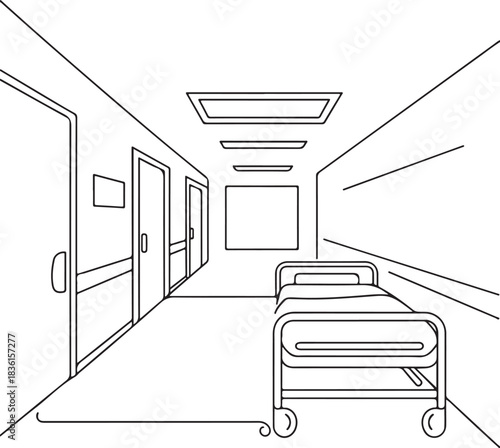 Continuous line art illustration of a hospital corridor with a bed in a clean minimal medical setting