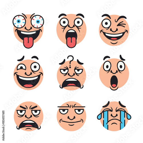A set of colorful humorous comic faces showcasing quirky and exaggerated expressions in a clean, isolated flat 2D vector illustration style against a white background.