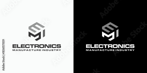 Vector logo design of the initials E, M and I in a geometric hexagon shape with a modern, simple, clean and abstract style.