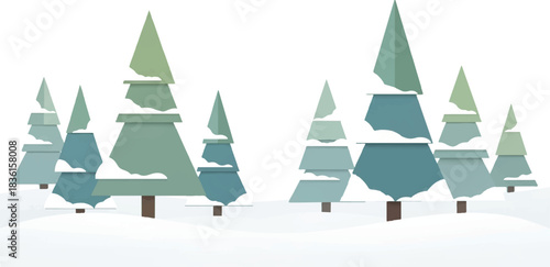 Stylized illustration of a winter forest with snow-covered evergreen trees in a minimalist design.