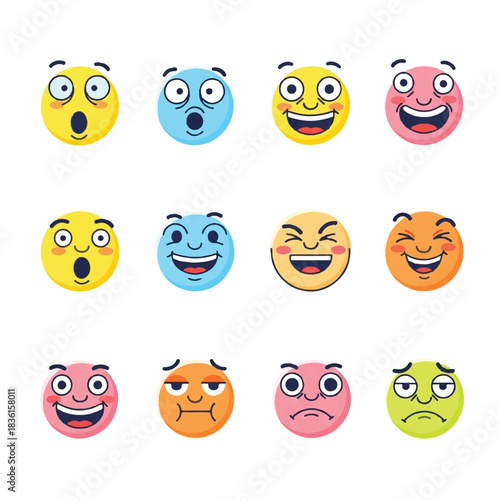 A cheerful collection of funny minimalist cartoon faces showing various humorous and expressive emotions rendered in smooth 2D flat vector illustration isolated on a clean white background.