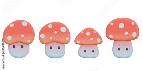 3d illustrations of little mushroom and friends cute cartoon style for scenes decoration.3d render.