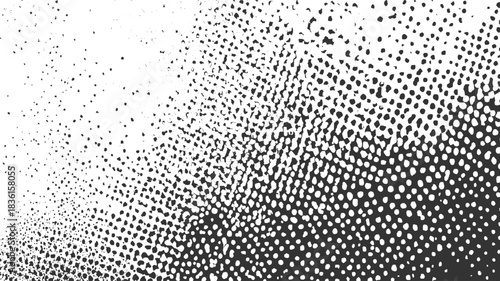 Black and white abstract pattern of scattered dots and irregular shapes fading from dense to sparse vector