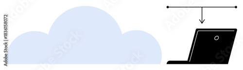 Cloud computing, data storage, technology, remote access, digital services, online solutions. Blue cloud with arrow pointing to a laptop. Cloud computing and data storage visuals