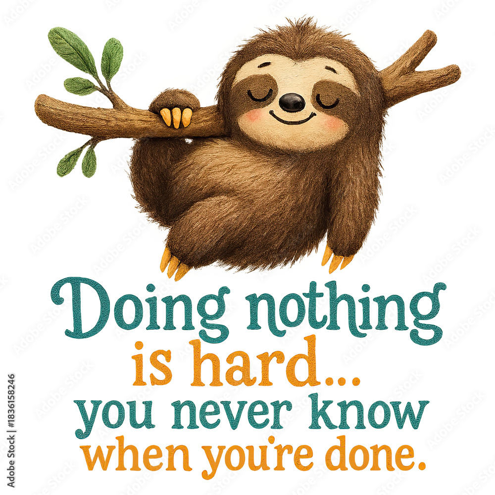 Obraz premium Cute cartoon sloth with closed eyes hanging from a leafy branch above a playful hand-lettered quote reading 