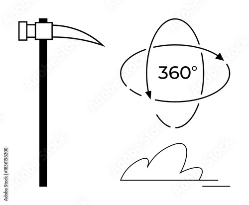 Energy, mining, technology, exploration, integration cloud computing. A mining pickaxe with a 360-degree sign and cloud. Energy and mining concept. Line metaphor. Simple line icons