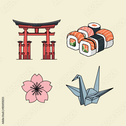 Flat lay illustration of a Japanese torii gate, sushi rolls, cherry blossom, and origami crane on a beige background.