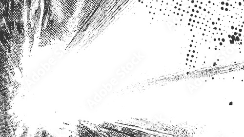 Black and white textured background with scattered dots and brush strokes abstract