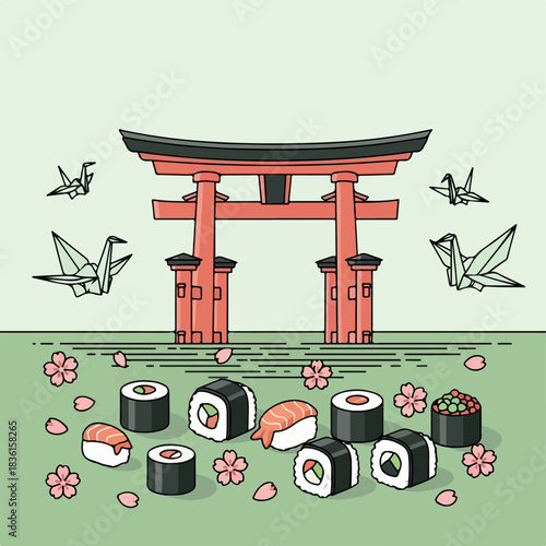 Illustration of sushi rolls and Japanese gate with cranes and cherry blossoms on green background.