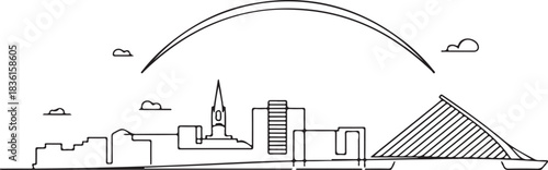 Continuous Line Art of Dublin Skyline with Liffey River Arc Minimal Outline Illustration
