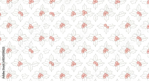 A delicate, seamless pattern featuring stylized holly leaves outlined in light gold and soft red berries on a white background, perfect for festive designs.