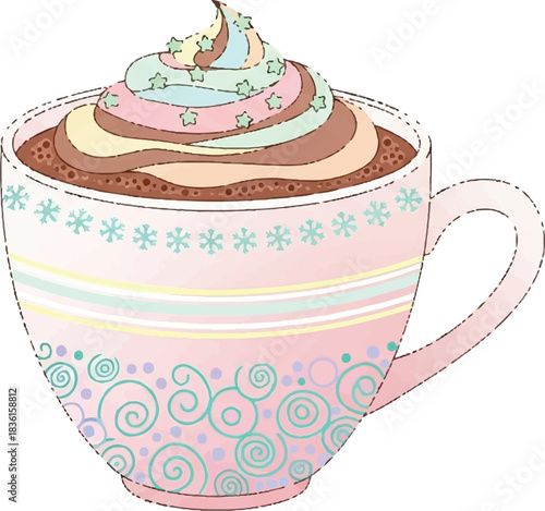Whimsical illustration of a pink mug filled with hot chocolate topped with colorful whipped cream and star sprinkles.