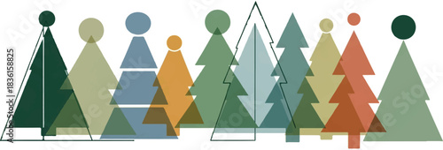 A row of stylized, overlapping evergreen trees in various muted colors, depicted with simple geometric shapes on a white background.
