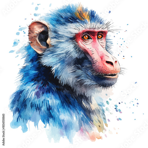 Obraz na plátně Watercolor illustration painting of Baboon, minimal, isolated on a white background