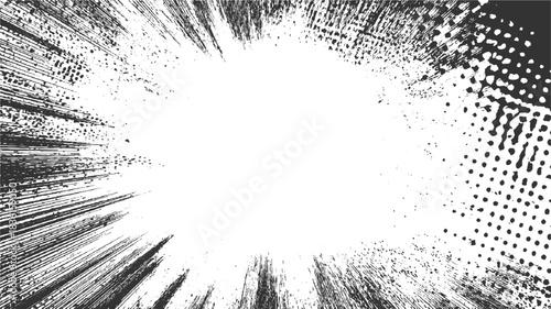 Black and white abstract radial burst pattern with halftone dots and distressed lines background