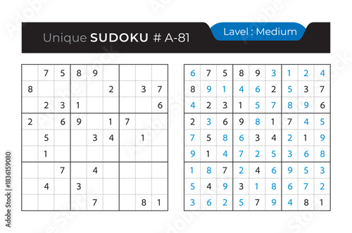 Sudoku puzzle with answer. Vector puzzle game with numbers for kids and adults. 9x9 sudoku Illustration on white background.