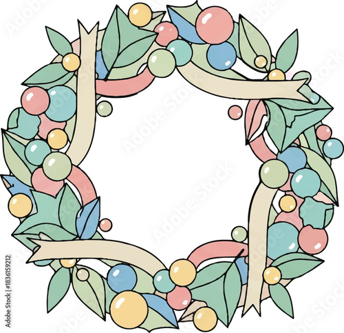 A pastel-colored festive wreath adorned with leaves, berries, and ribbons, creating a cheerful decorative border.