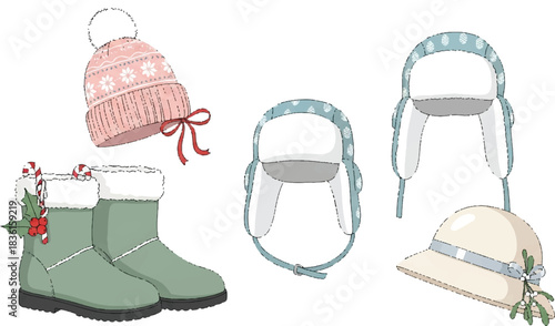 A collection of winter hats and boots, including a pink knitted beanie, green snow boots, blue trapper hats, and a cloche hat with festive decorations.