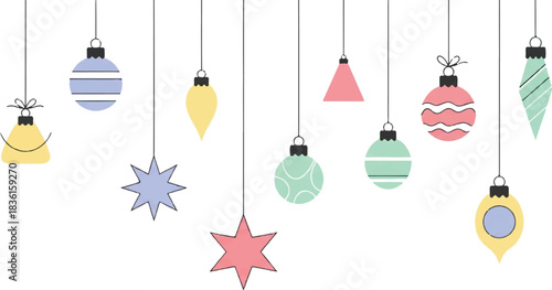 A collection of pastel-colored Christmas ornaments and stars hanging from strings, featuring various shapes and patterns in a minimalist graphic style.