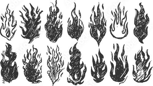 Collection of hand drawn black fire flame icons on white background vector