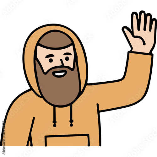 Man With Beard Wearing A Brown Hoody Waving With His Hand Raised In The Air And A Smile On His Face With A Black Background