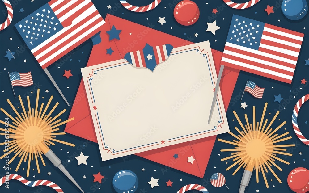 Obraz premium Vibrant patriotic american background featuring blank invitation card, us flags, glowing sparklers, decorative stars, and festive red, white, and blue elements for national holidays.