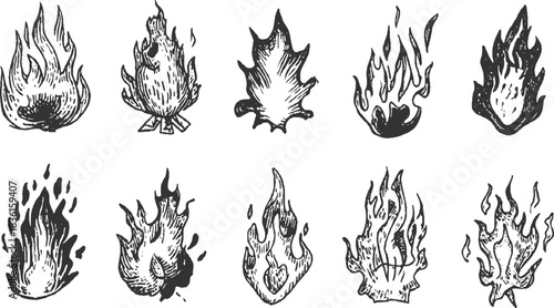 Collection of ten hand drawn black and white fire illustrations in various styles flame burn