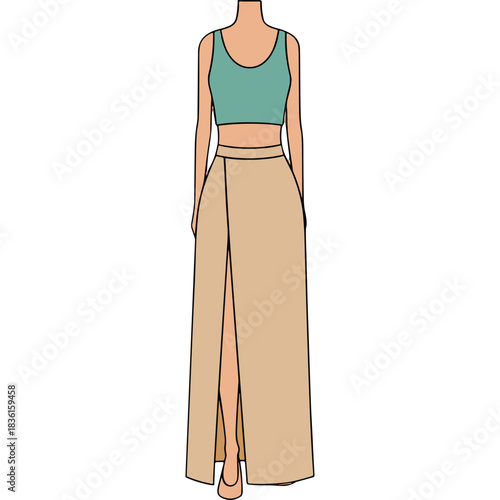Minimalist illustration of a woman wearing a teal crop top and a beige high-waisted maxi skirt with a thigh-high slit against a stark black background.