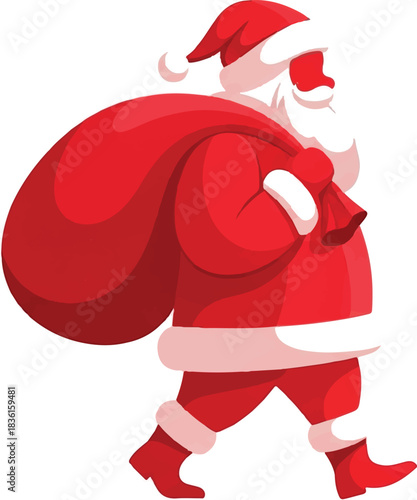 Santa Claus walking with a large red sack full of presents over his shoulder, ready for Christmas delivery.