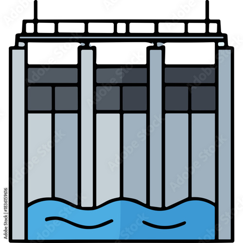 Modern Dam Structure with Multiple Vertical Gates Controlling Water Flow Against a Light Background and Blue Wavy Water Below