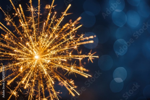 Blue and gold Abstract background and bokeh on New Year's Eve. Sparkling fireworks display with bokeh background effects.