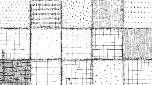 Black and white hand drawn patchwork quilt squares with various patterns texture monochrome