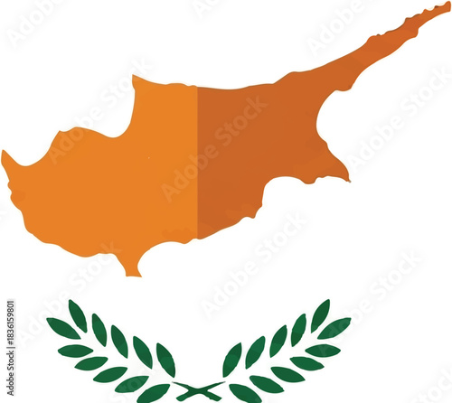 Map of Cyprus in orange with a green olive branch wreath, representing the national symbols of the island nation.