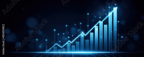 Concept of increasing the ability to scale business growth. A glowing blue graph depicting upward trends against a dark background, symbolizing growth and progress in data or finance.