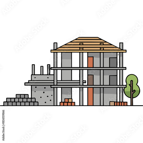 Multistory Building Under Construction Showing Concrete Framework Wooden Roof Structure and Stacked Bricks With a Small Tree Nearby