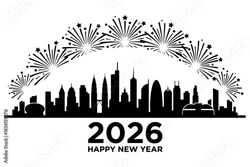 2026 city skyline silhouette,
2026 New Year Celebration – City Skyline Silhouette with Vibrant Fireworks Display