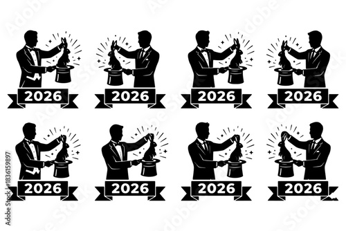 2026 New Year Magician Silhouette,
2026 New Year Magician Silhouette Set,
Rabbit from Hat, Magic Show, Illusionist Icons, Vector Illustration