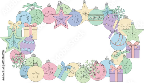 Pastel Christmas ornaments and gift boxes forming an oval frame on a white background.