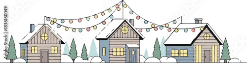 Charming winter village scene with snow-covered houses and festive Christmas lights.