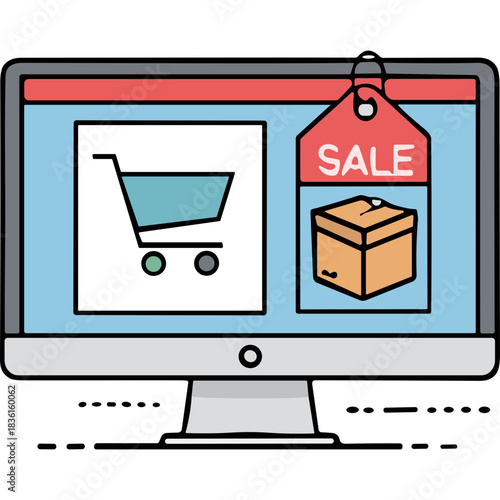 Online Shopping Website Displaying A Shopping Cart And A Sale Tag With A Box On A Computer Monitor Screen With A Blue Background And Red Top Border