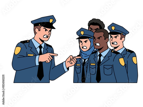 Angry police officers confront and point fingers at each other flat illustration